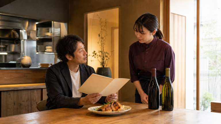 飲食店の開店前に店長が開いたメニューを見て、ホールスタッフと料理、二本のワインを確認している場面