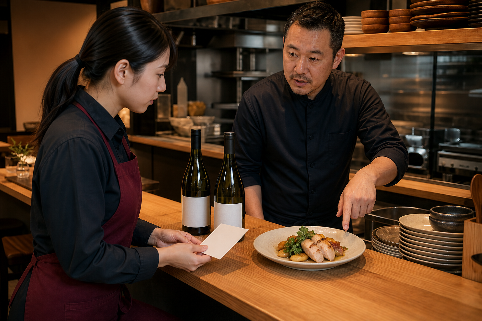 開店前の飲食店で、料理人が鶏料理の仕上げを指し、新人スタッフが二本のワインと共有カードを確認している場面