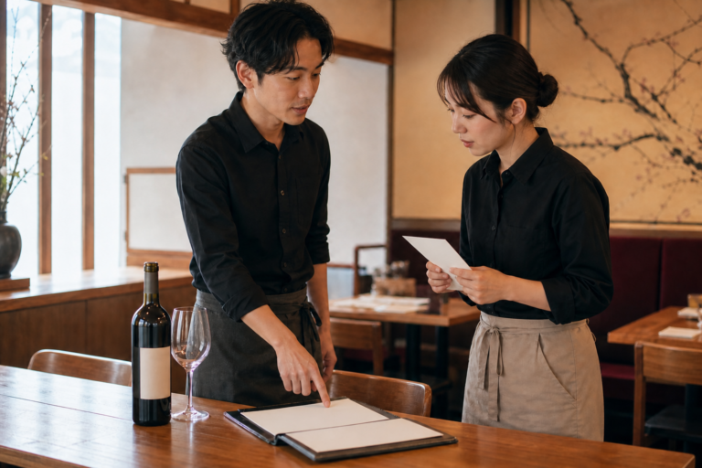 開店前の飲食店で、店長が新人スタッフと無地のワインボトル、メニュー、メモを使って接客練習をしている場面