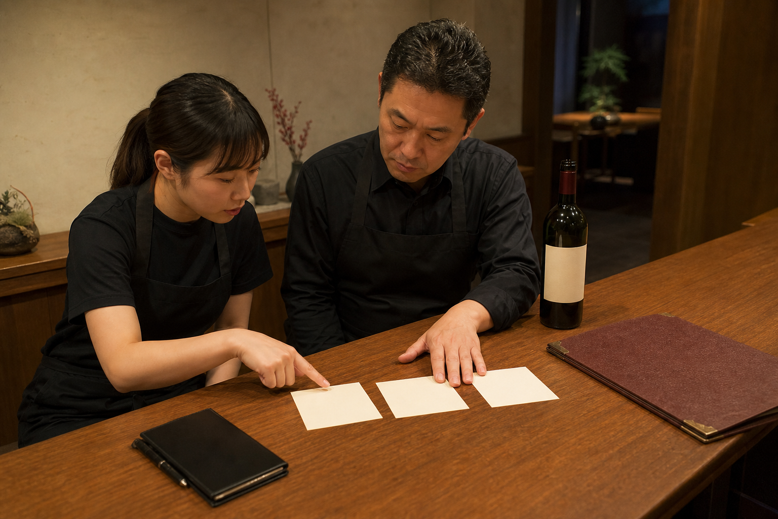 閉店後の飲食店で、店長と新人スタッフが無地の三枚のカードとワインボトルを見ながら次週に直す点を選んでいる場面