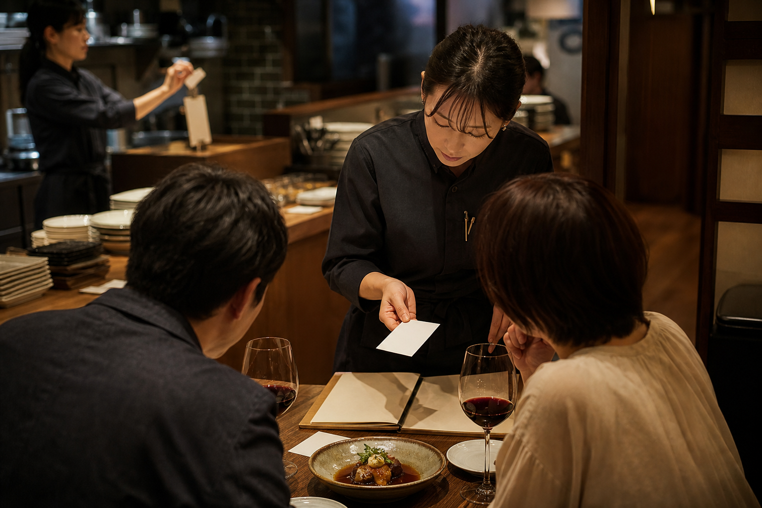 夕食サービス中の飲食店で、スタッフが煮込み料理を前にした二人のお客様へワインの共有カードを使って説明している場面