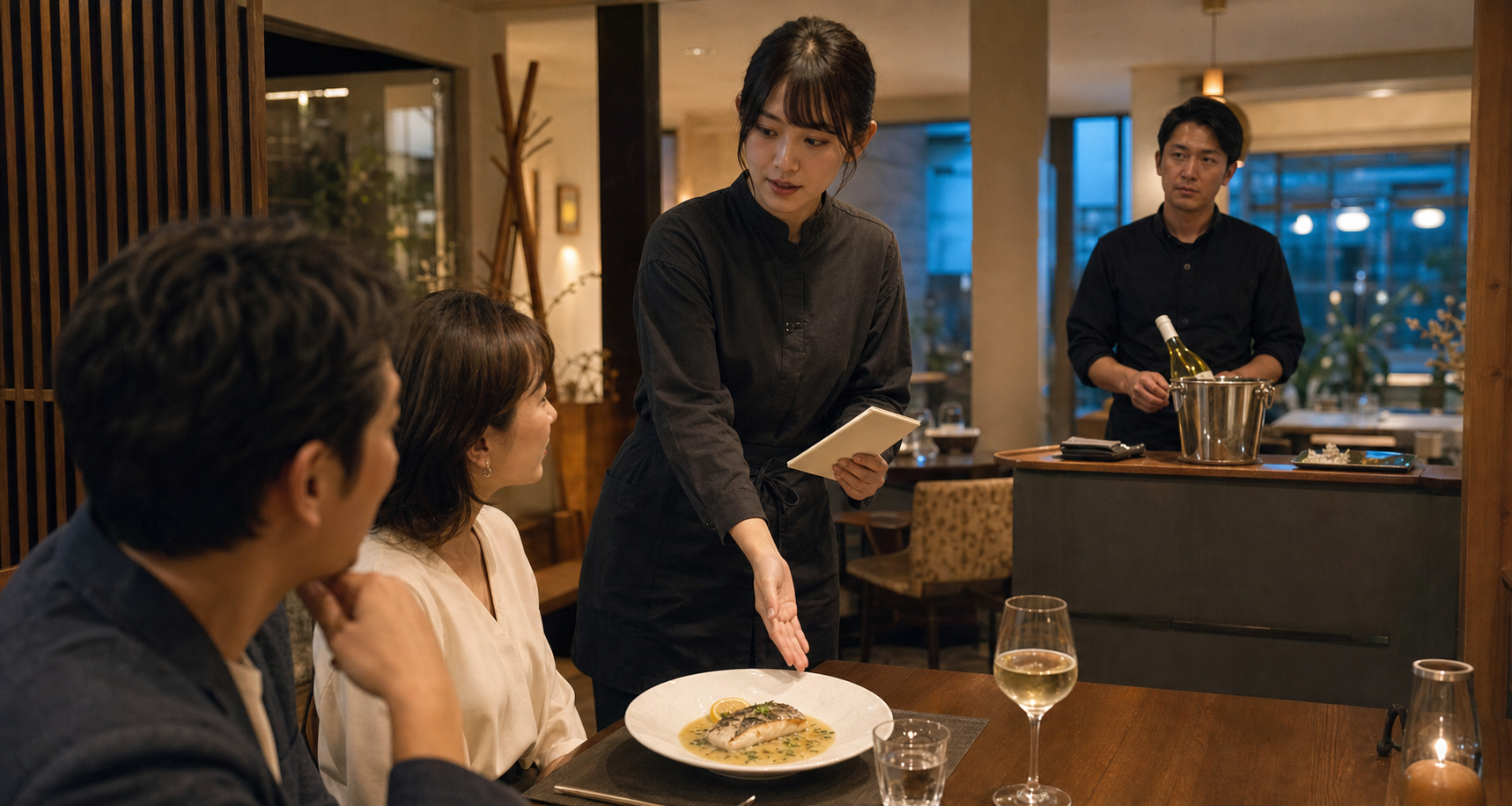 魚料理の客席でスタッフが説明し、後方のサービス台で責任者が白ワインを確認している飲食店の場面