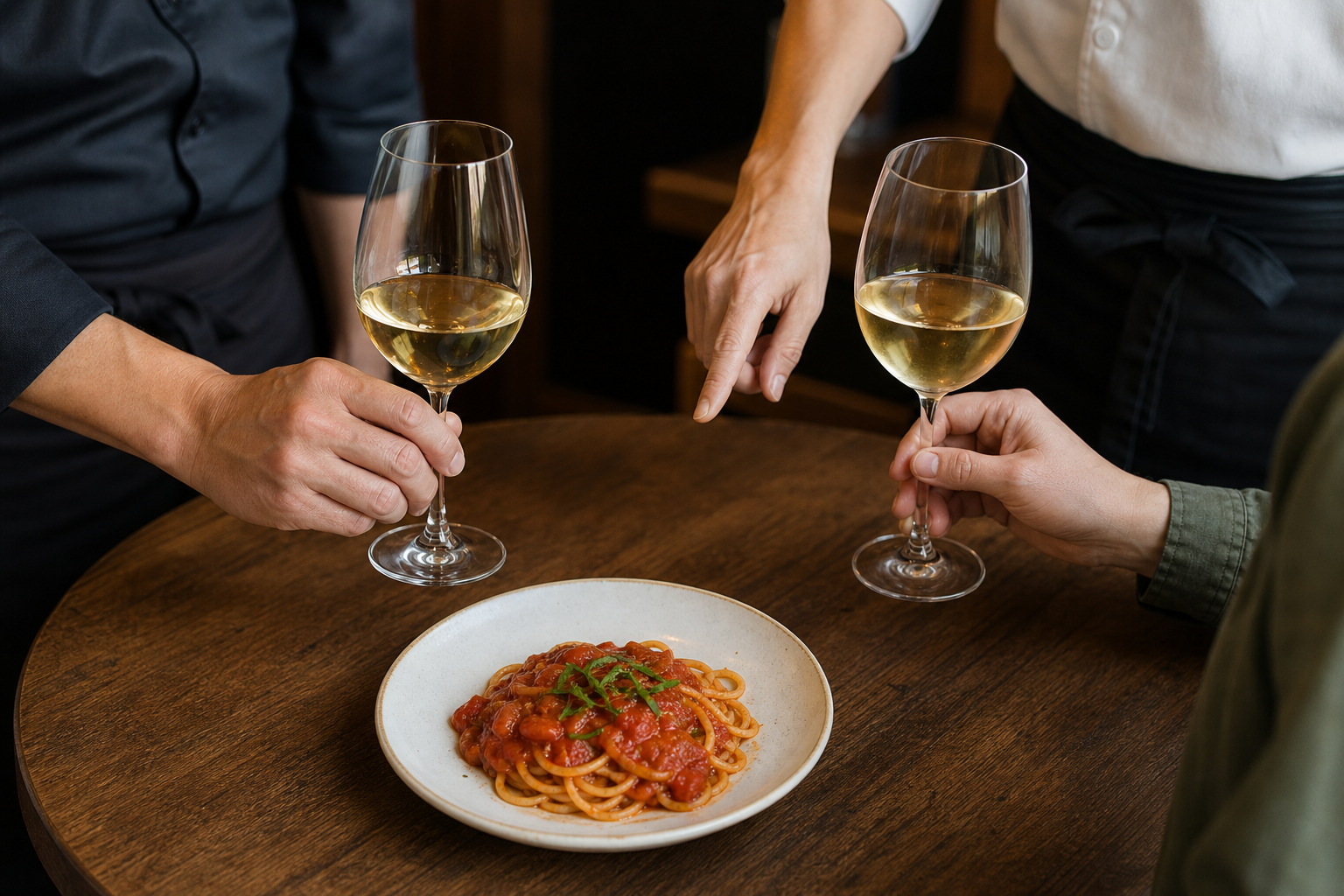 開店前にトマトソースのパスタと二つの白ワインを試飲し、スタッフが提案を話し合う場面