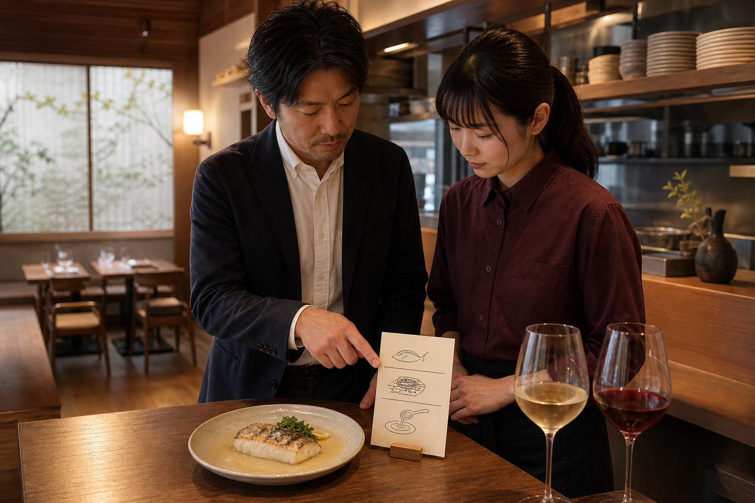 開店前の飲食店で、白身魚のソースと二つのワイン候補を見ながらスタッフがペアリングを確認している場面