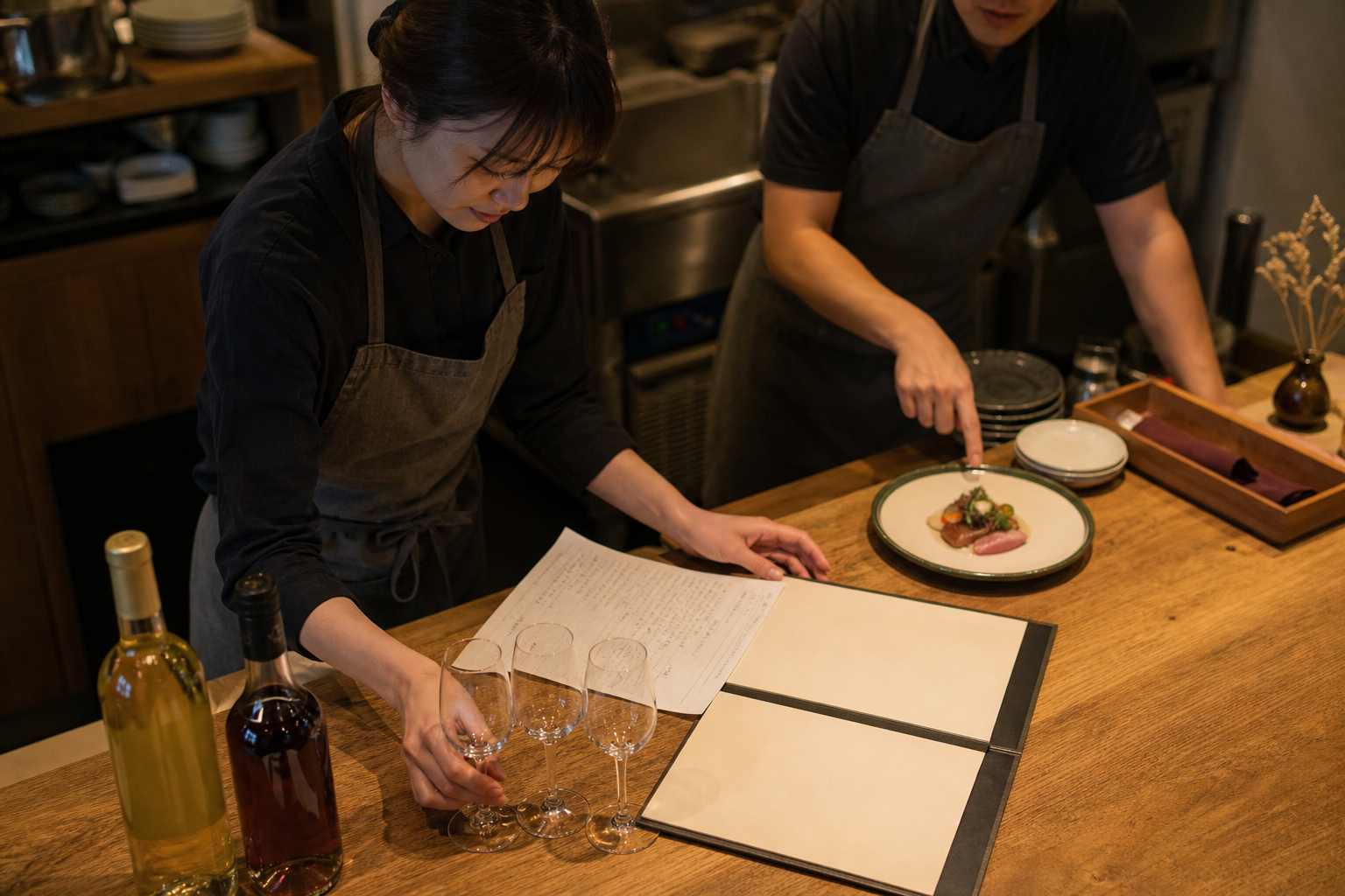 開店前のカウンターでスタッフ二人が料理、空のグラス、メニューを見ながら最初の一杯の提案を確認している場面