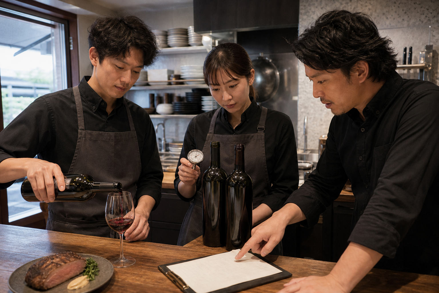開店前の飲食店カウンターで、三人のスタッフが赤ワインを少量注ぎ、温度計と共有メモを見ながら提供準備を確認している場面