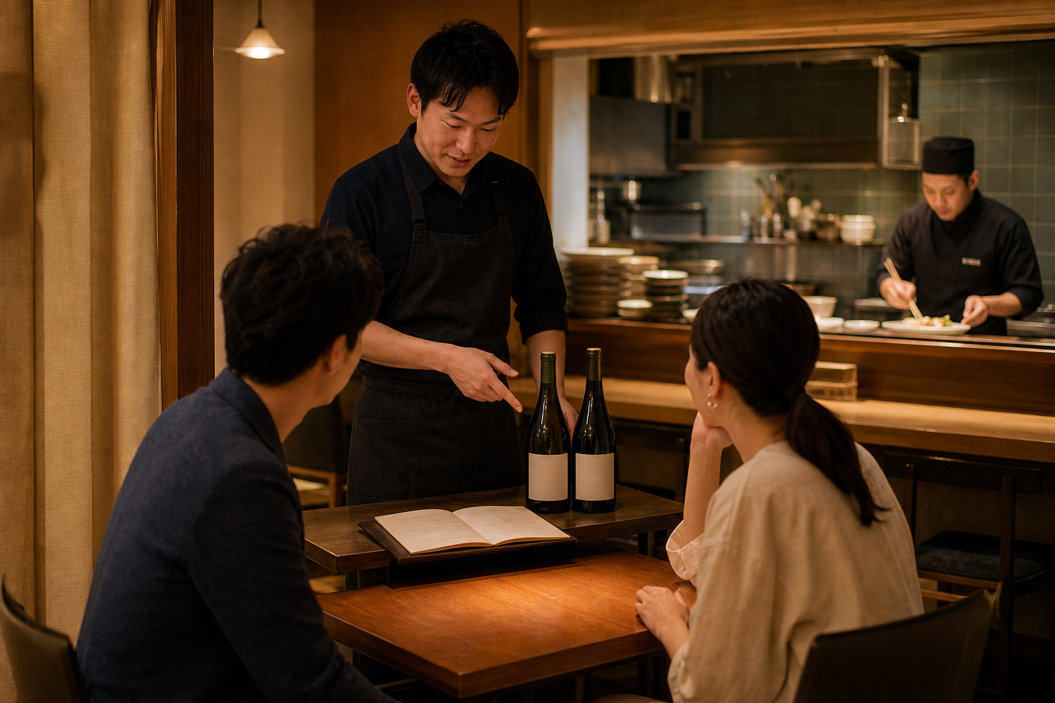 ビストロの客席で、スタッフが二人客に無地ラベルのワイン二本を示し、奥の厨房では料理担当が盛り付けをしている場面