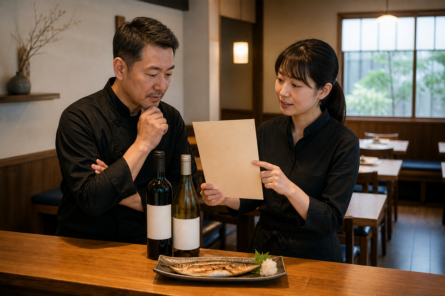 開店前のビストロで、店長とスタッフが焼き魚、無地ラベルのワイン二本、共有用のカードを見ながら準備を確認している場面