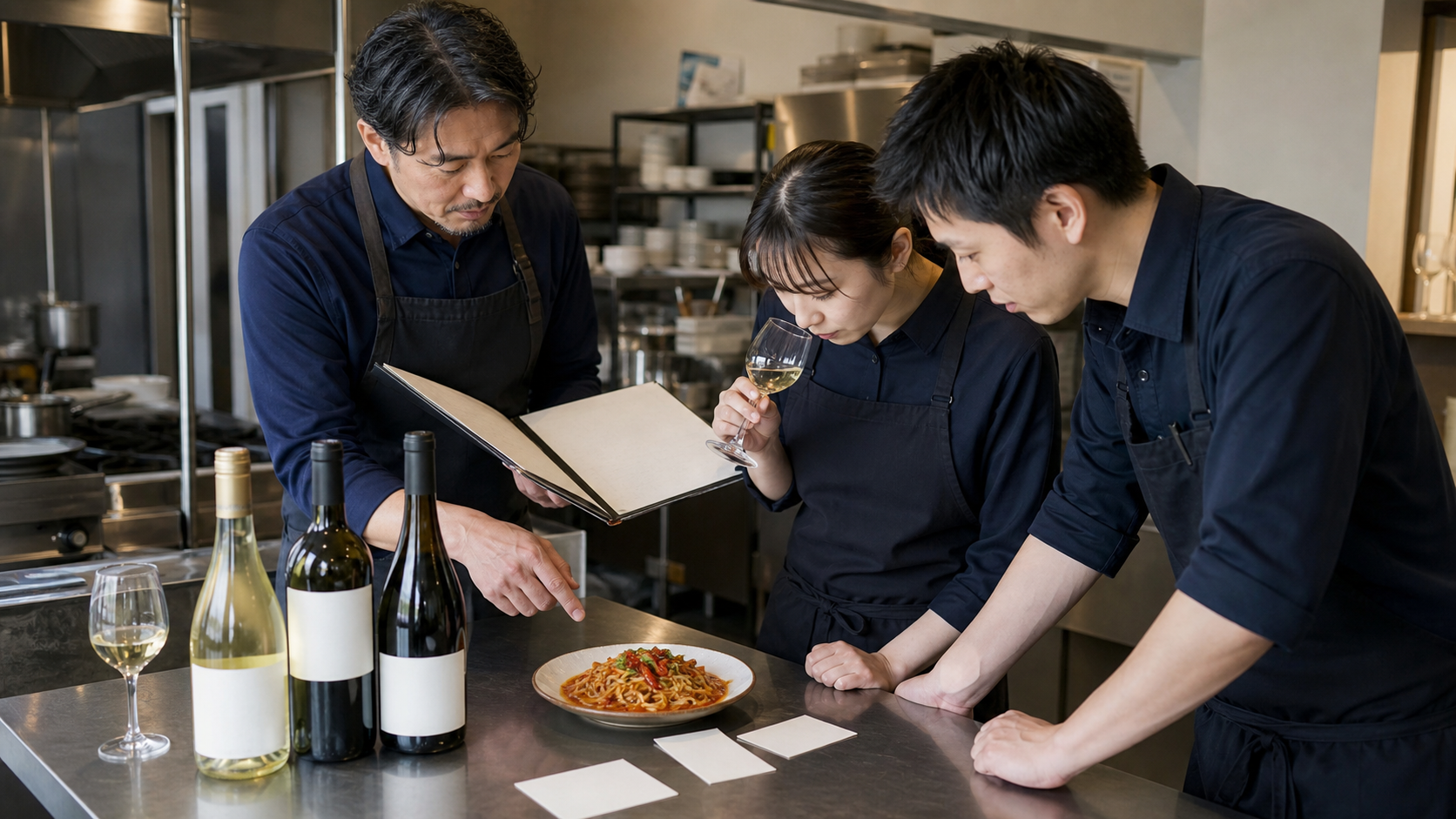 開店前の厨房で辛い麺料理と複数のワインを前に、スタッフが提案内容を確認している場面