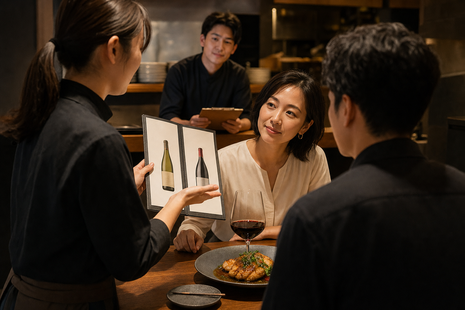 夕食サービス中の飲食店で、スタッフが鶏料理に対して二つのワイン候補を示しながらお客様に説明している場面