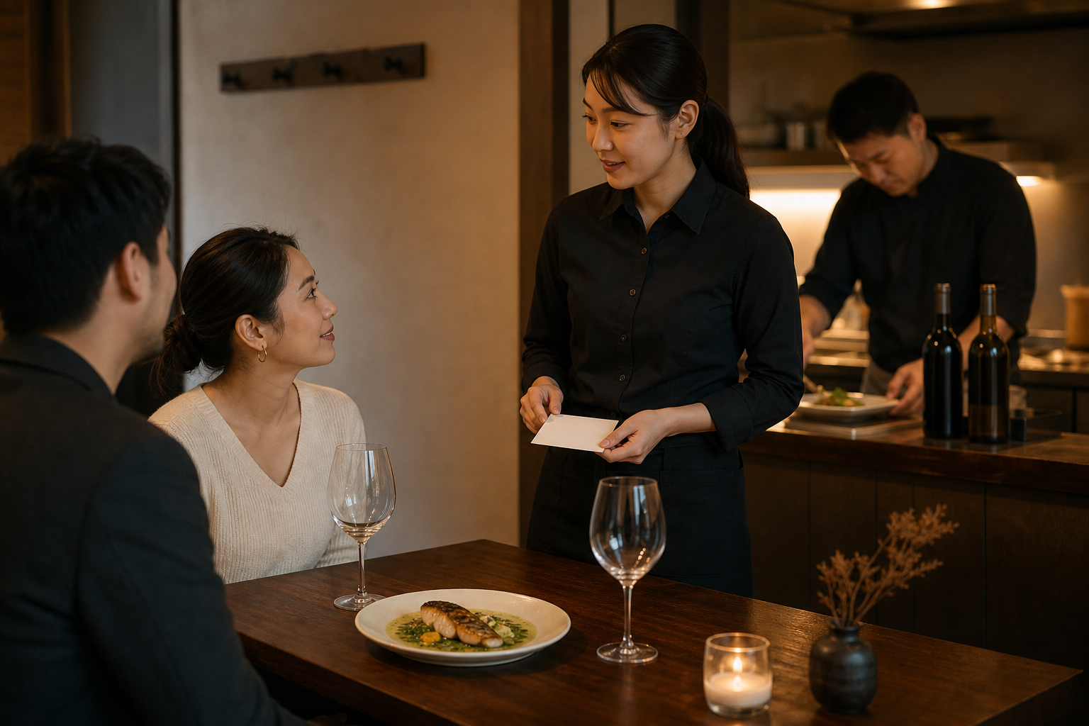夕食サービス中の飲食店で、スタッフが魚料理を前にした二人のお客様へ好みを聞き、背景のサービス台では店長がワイン候補を確認している場面