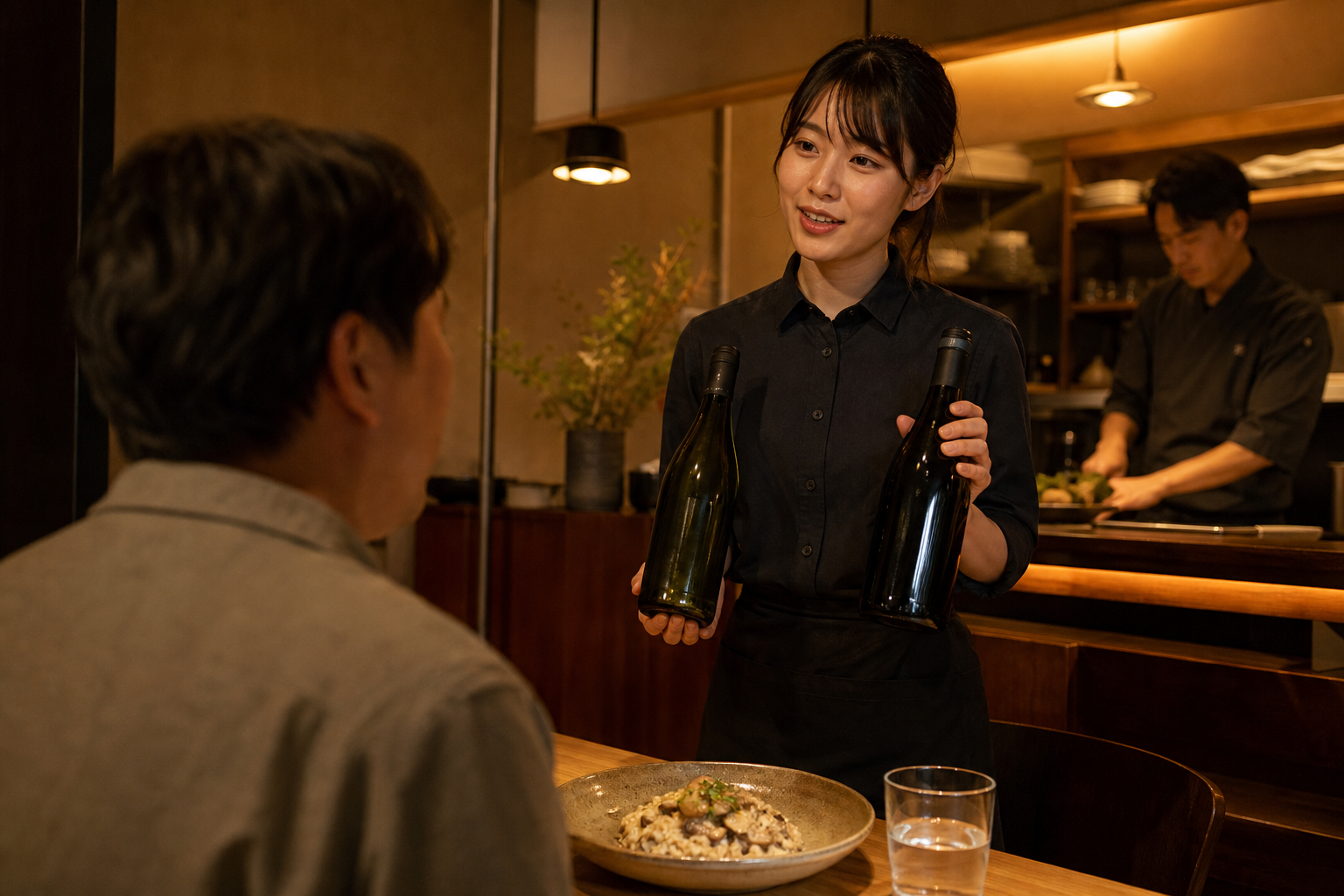 飲食店の客席で、新人スタッフがきのこ料理を前にしたお客様へ二本のワインを案内し、奥で料理人が作業している場面