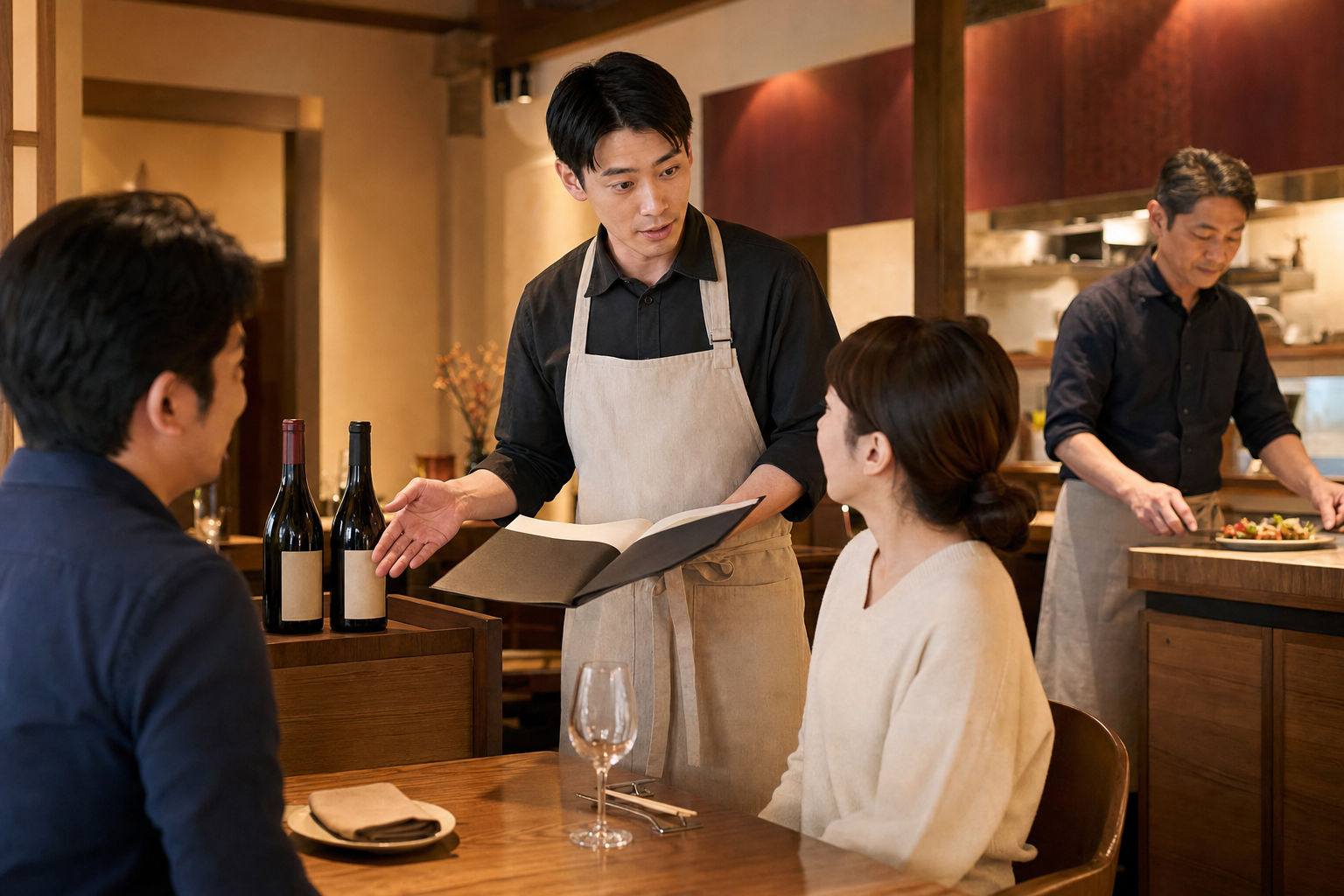 夕食時のビストロで、新人スタッフが客席の二人にメニューを開き、近くの候補ワイン二本と奥の料理担当が見える場面