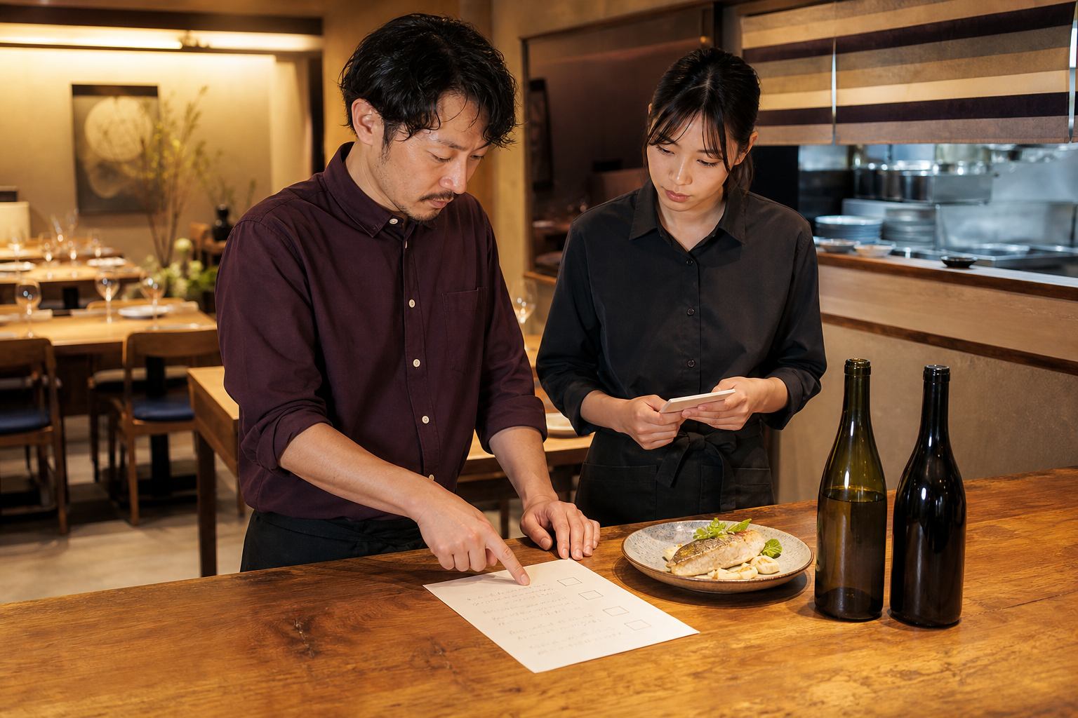 開店前のビストロで、店長とホールスタッフが料理一皿と候補ワイン二本の横で運用確認シートを見ている場面