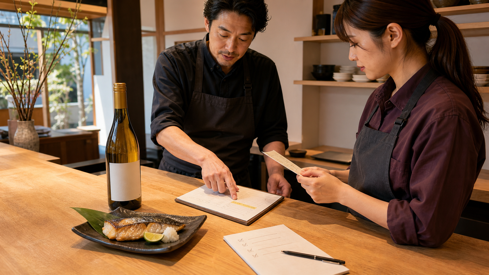 開店前の飲食店で、店長とスタッフが白ワイン、魚料理、メニュー、確認メモを見ながらAIに渡す条件を確認している場面