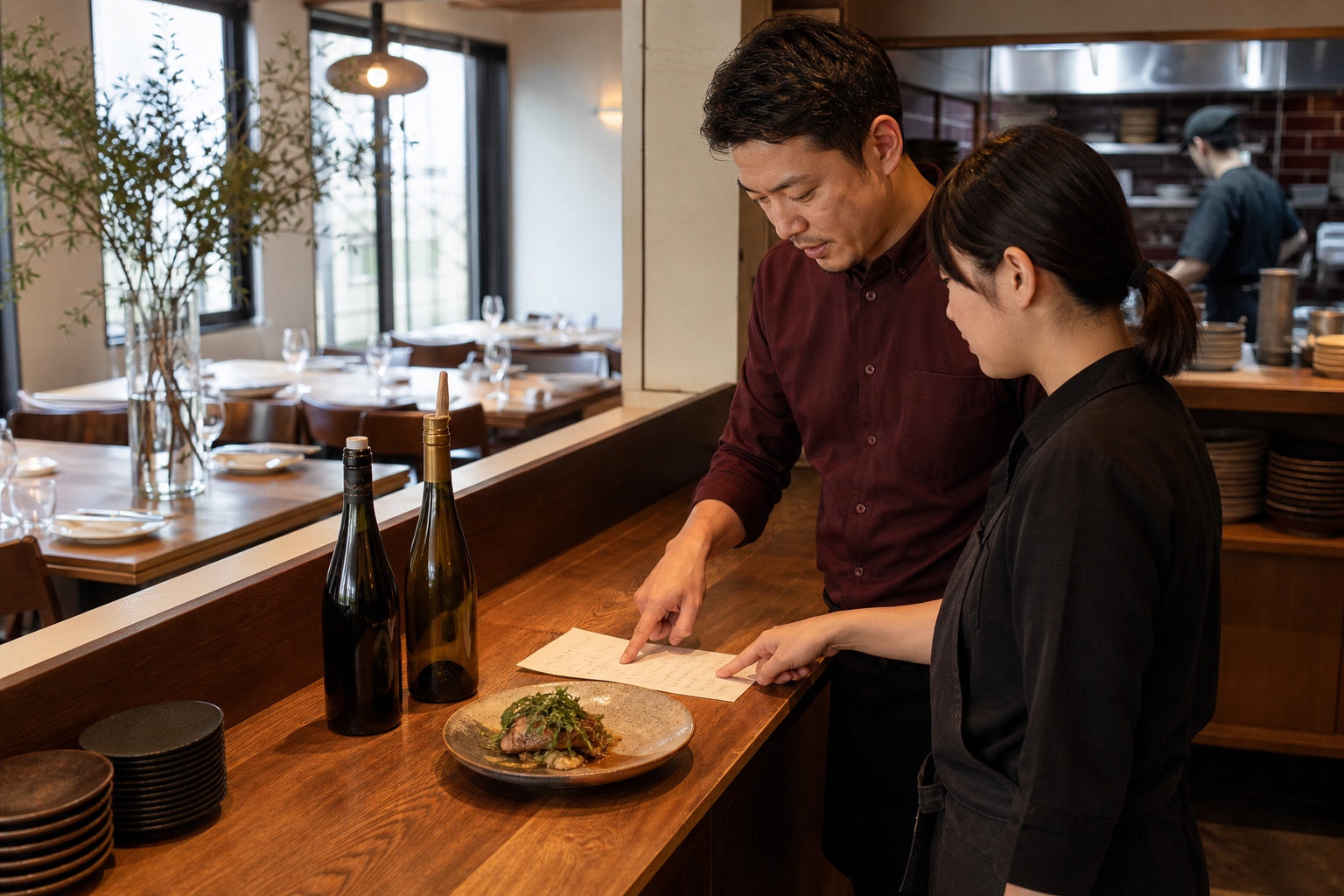 開店前のビストロのサービス台で、店長とホールスタッフが料理一皿と候補ワイン二本、共有メモを確認している場面