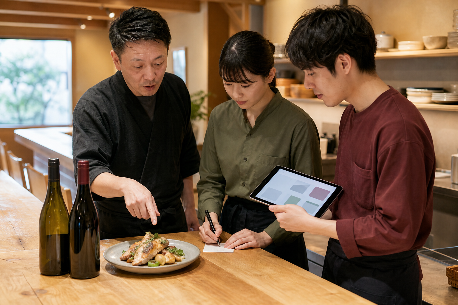開店前のレストランカウンターで、店長と二人のスタッフが料理、二本のワイン、手書きメモ、タブレットを確認している場面