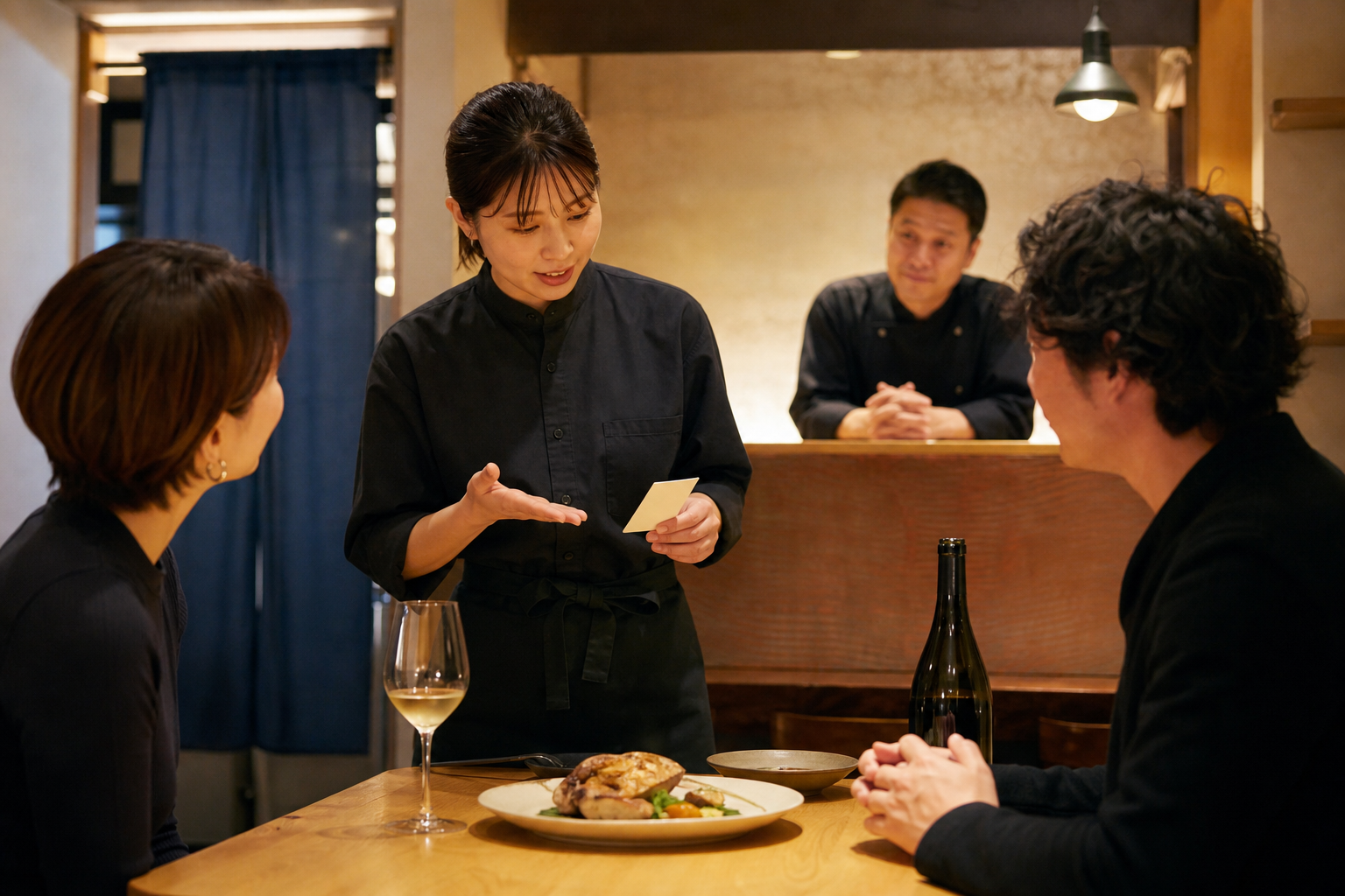 飲食店の客席で、スタッフが鶏料理とワインを前に小さな確認メモを持ち、二人の客へ説明している場面