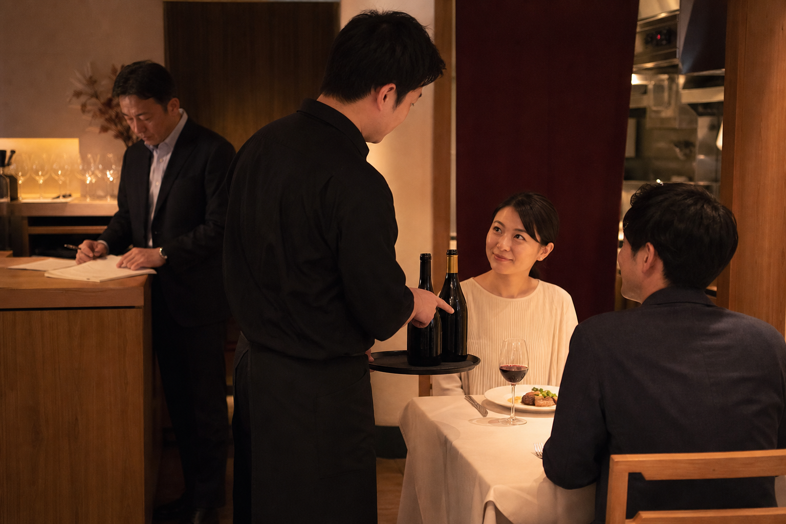 ビストロの客席で、スタッフが二本の候補ワインを示し、離れたサービス台で店長が試行メモを確認している場面