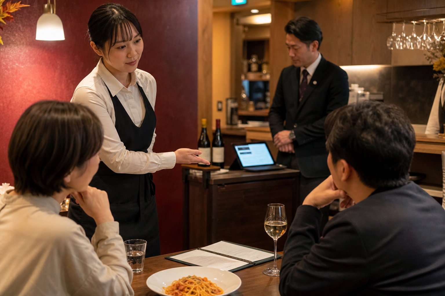 夕食時のビストロで、スタッフが二人客の好みを聞き、サービス台のワイン二本と奥にいる店長が見える場面