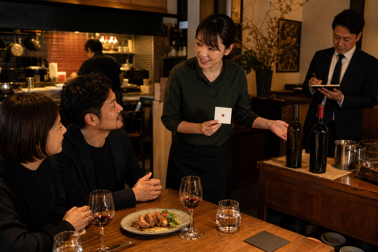 ビストロの客席でスタッフが二人の来店客へ候補ワインを示し、サービス台のそばで店長が試行メモを取る場面