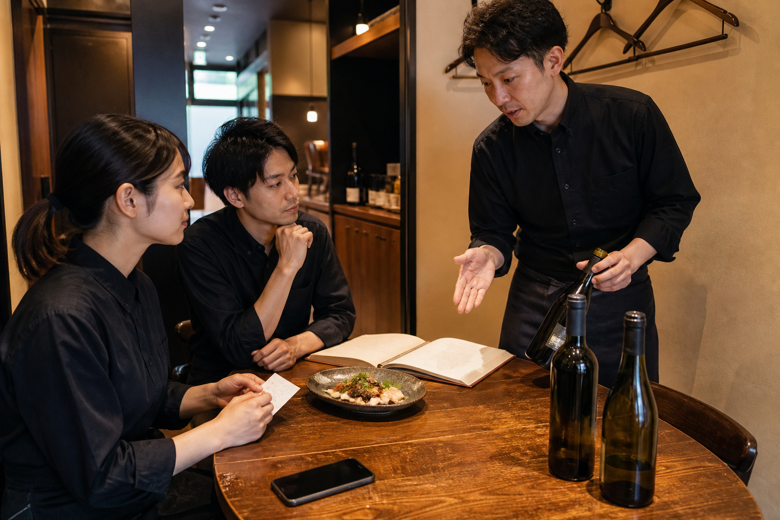開店前の店内で、店長が二人のホールスタッフへ料理と候補ワインを使って提案の順番を説明している短い朝礼の場面