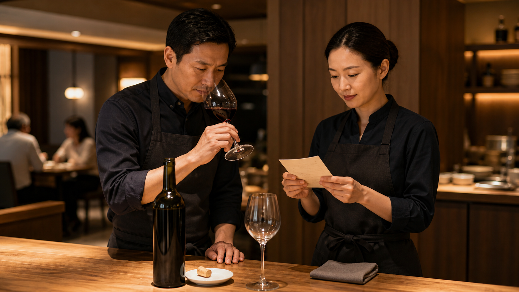 飲食店のサービスカウンターで、店長とホールスタッフが開栓したワイン、コルク、グラスを見ながら香りを確認している場面