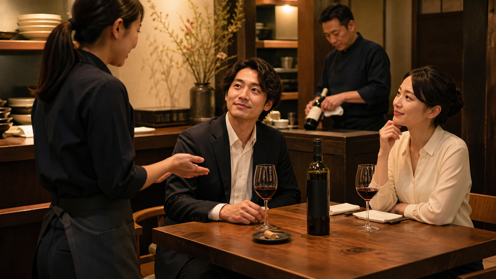 飲食店の客席で、ホールスタッフが香りの違和感を伝えた二人のお客様へ交換の見通しを案内し、奥で店長が別のワインを準備している場面