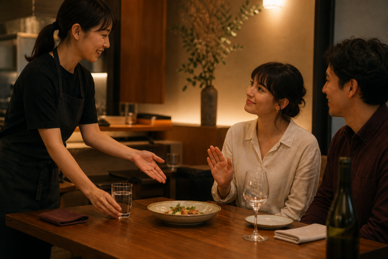 飲食店の客席で、ホールスタッフがワインを断ったお客様へ水と料理を案内している場面