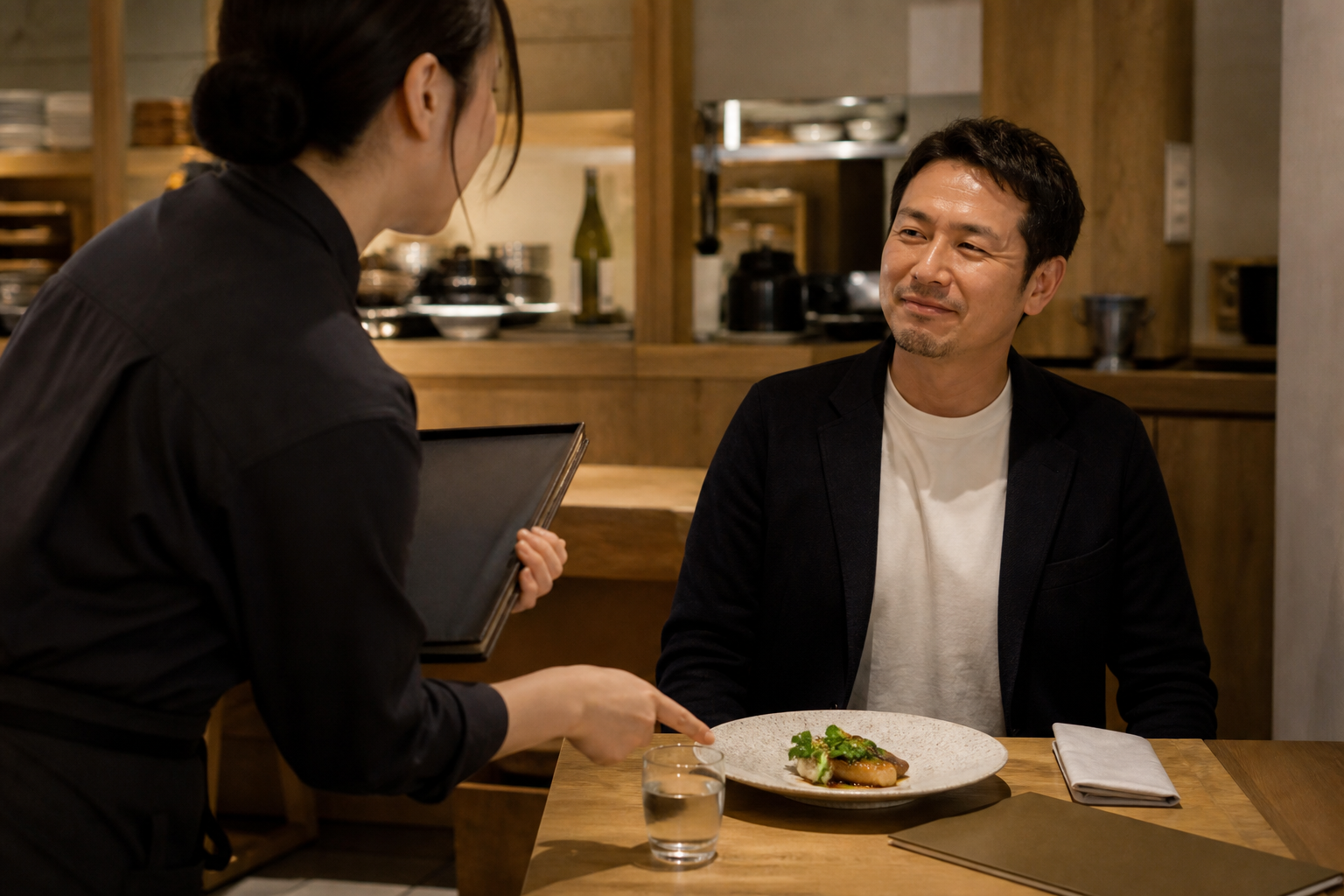 飲食店のテーブルで、ホールスタッフが閉じたワインリストを持ち、料理と水を案内している場面