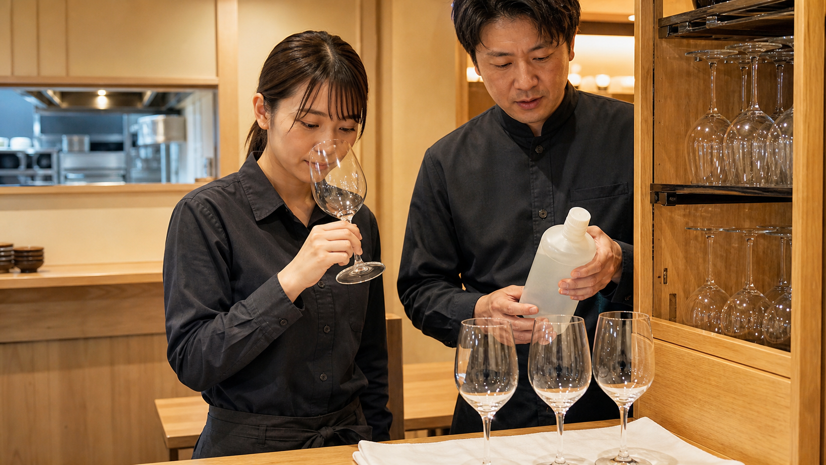 飲食店の開店前にスタッフが空のワイングラスのにおいを確認し、店長が洗浄用品と保管棚を見ている場面