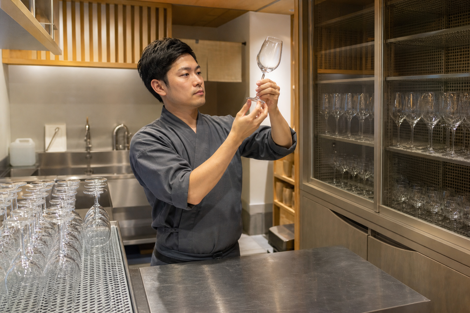 飲食店の洗い場でスタッフが光にかざしたワイングラスを確認し、乾燥ラックと保管棚が見える場面
