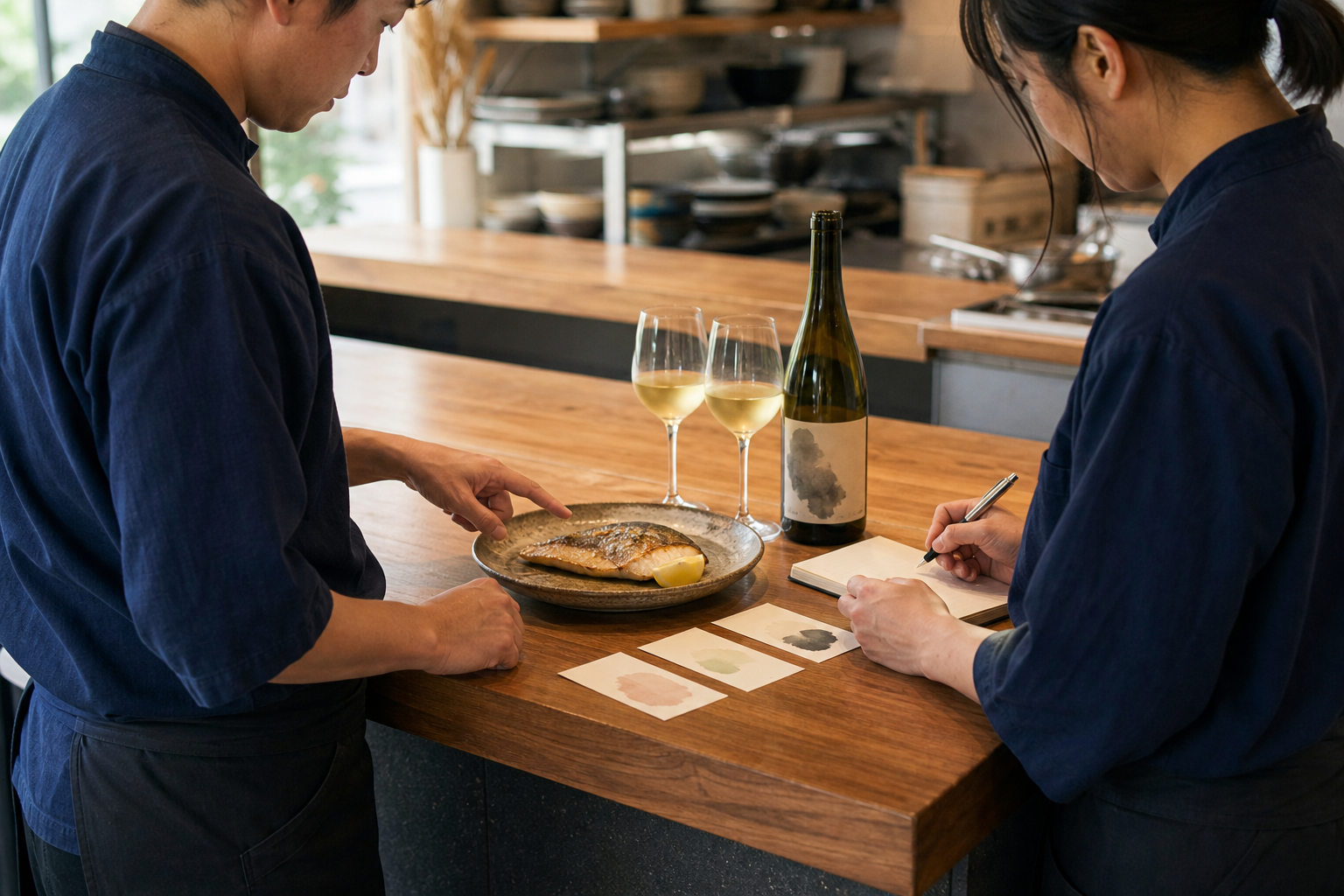 営業前の飲食店カウンターで、二人のスタッフが焼き魚、白ワイン、説明カードを見ながら短いメニュー説明を確認している場面