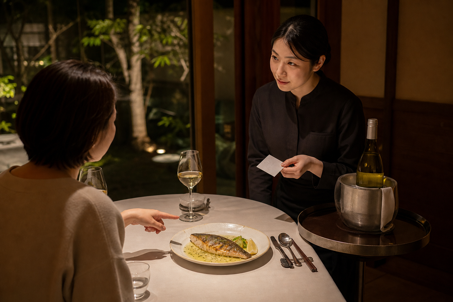 夕食中の客席で、スタッフがハーブソースの魚料理を前にした客へ白ワインと確認用の小さなメモを示している場面