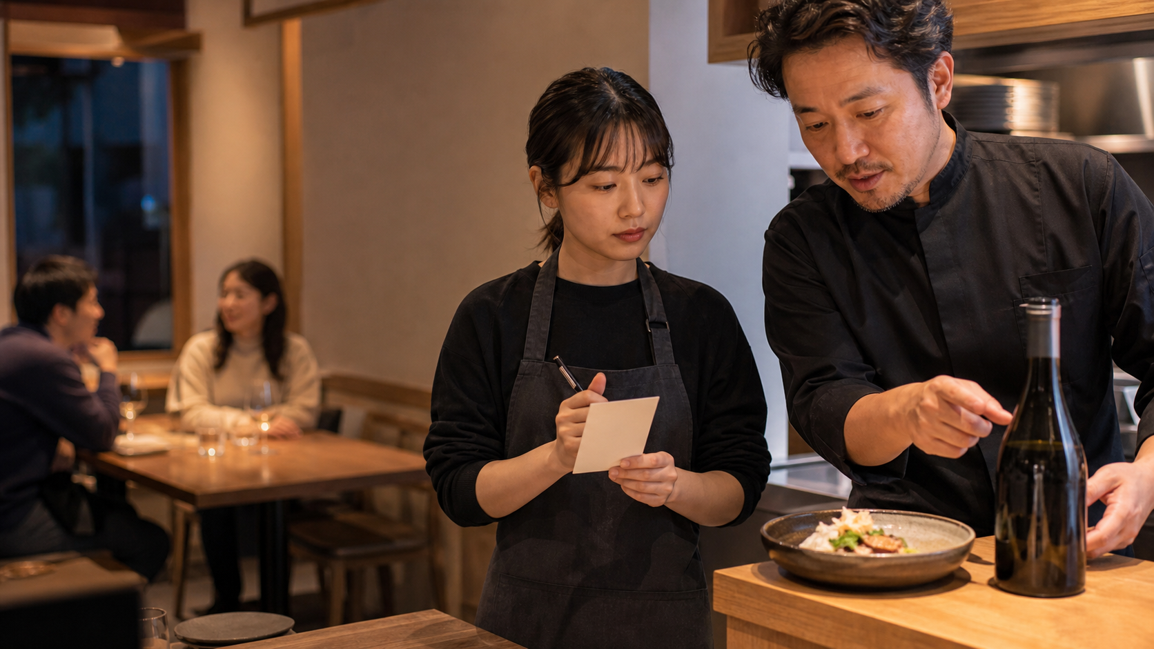 飲食店の営業前に、ホールスタッフがメモを持ち、責任者と料理と候補ワインを確認している場面
