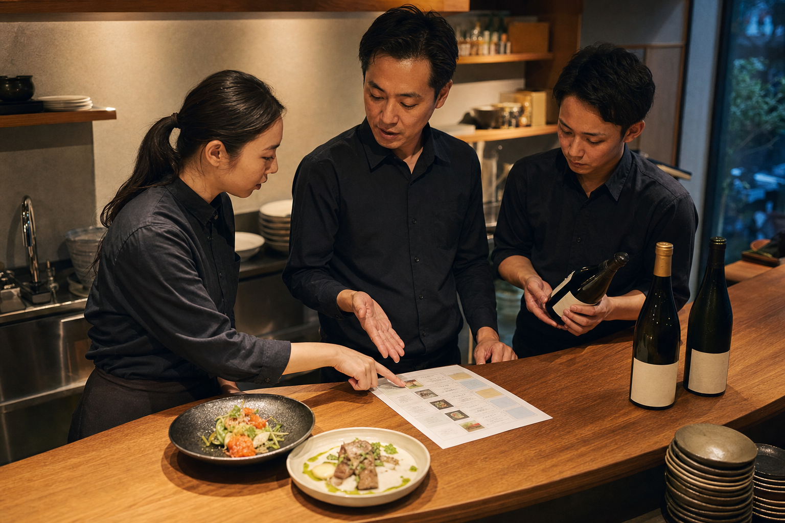 開店前の飲食店で三人のスタッフが料理、ワインボトル、一枚の共有シートを囲んで案内と確認の役割を合わせている場面