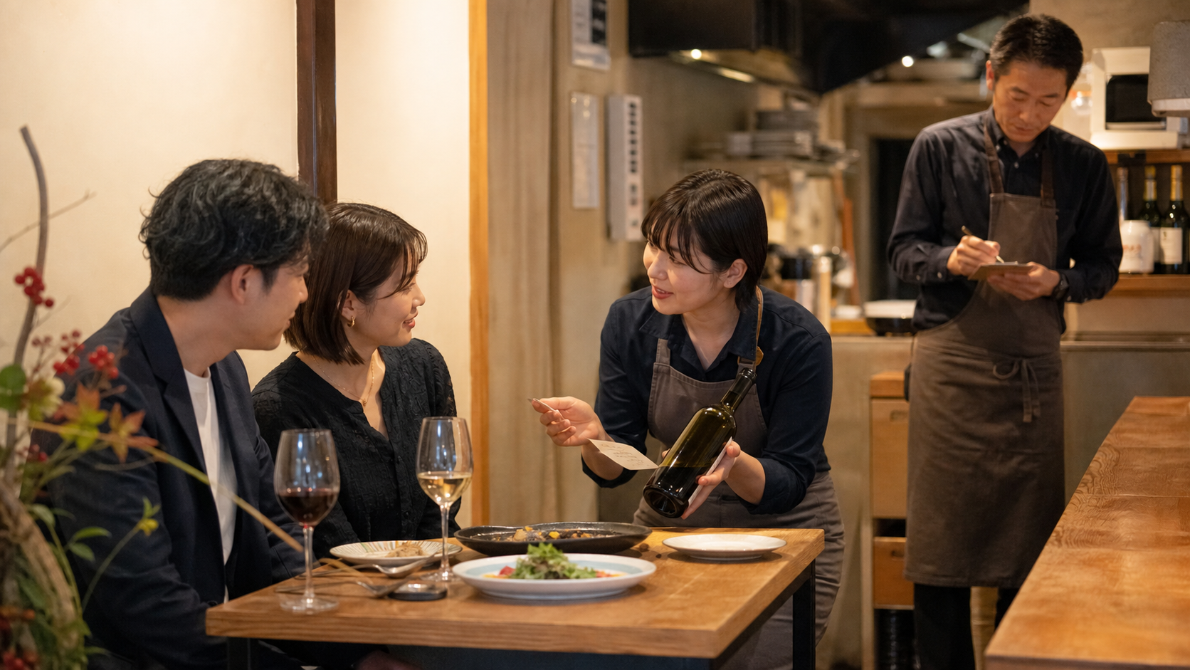 飲食店の客席でスタッフがワインボトルを示して提案し、奥で店長が接客場面を記録している場面