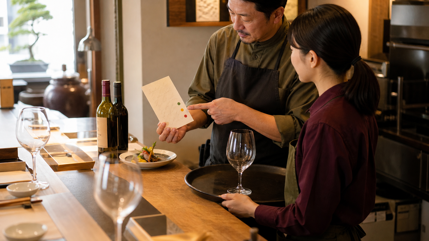 開店前の飲食店カウンターで、店長と新人スタッフがワイン接客の引き継ぎポイントを確認している場面