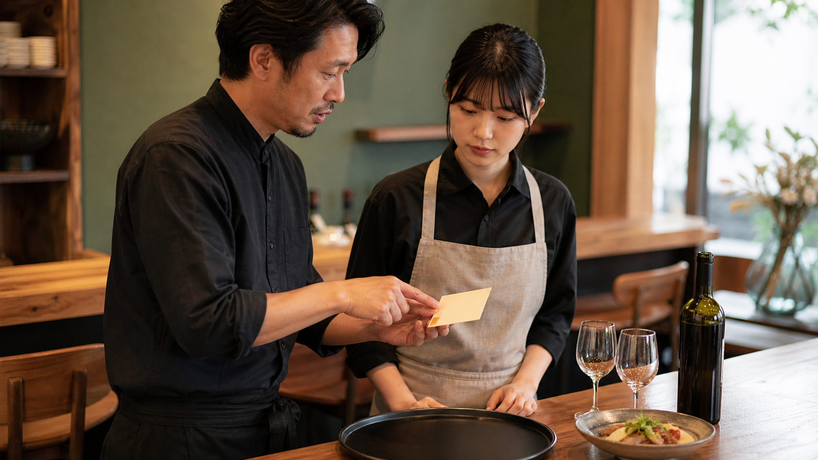 開店前の飲食店カウンターで、店長と新人スタッフがワイン接客の共有メモを確認している場面