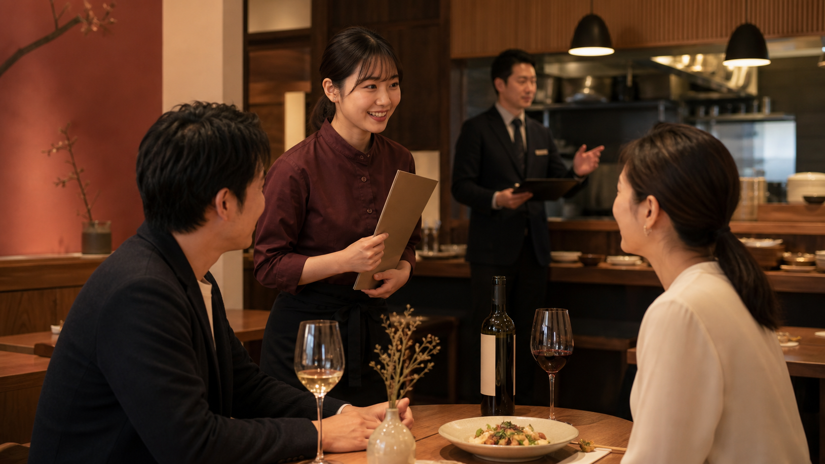 飲食店の客席で新人スタッフがメニューを持ち、二人の客へワインの最初の案内をしている場面