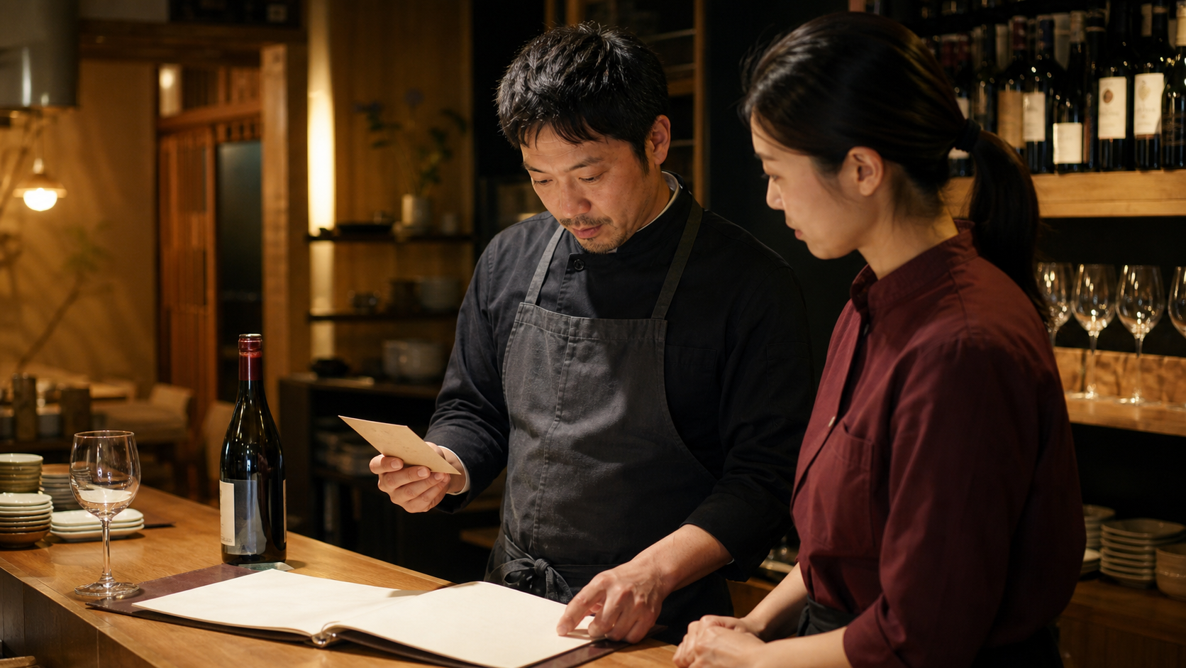 営業前の飲食店カウンターで、店長とスタッフがワインリストと短い引継ぎカードを確認している場面