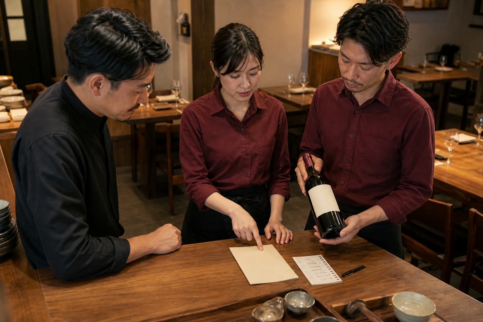 開店前の飲食店で、店長と二人のスタッフがワインボトル、メニューカード、確認リストを囲んで役割をすり合わせている場面