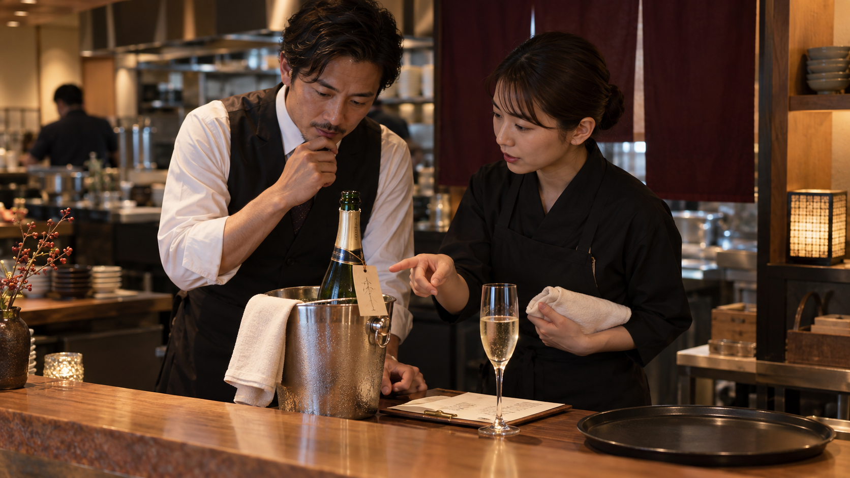 開栓後のスパークリングワインをアイスバケットで保管し、店長とホールスタッフが次の提供場面を確認する飲食店のカウンター