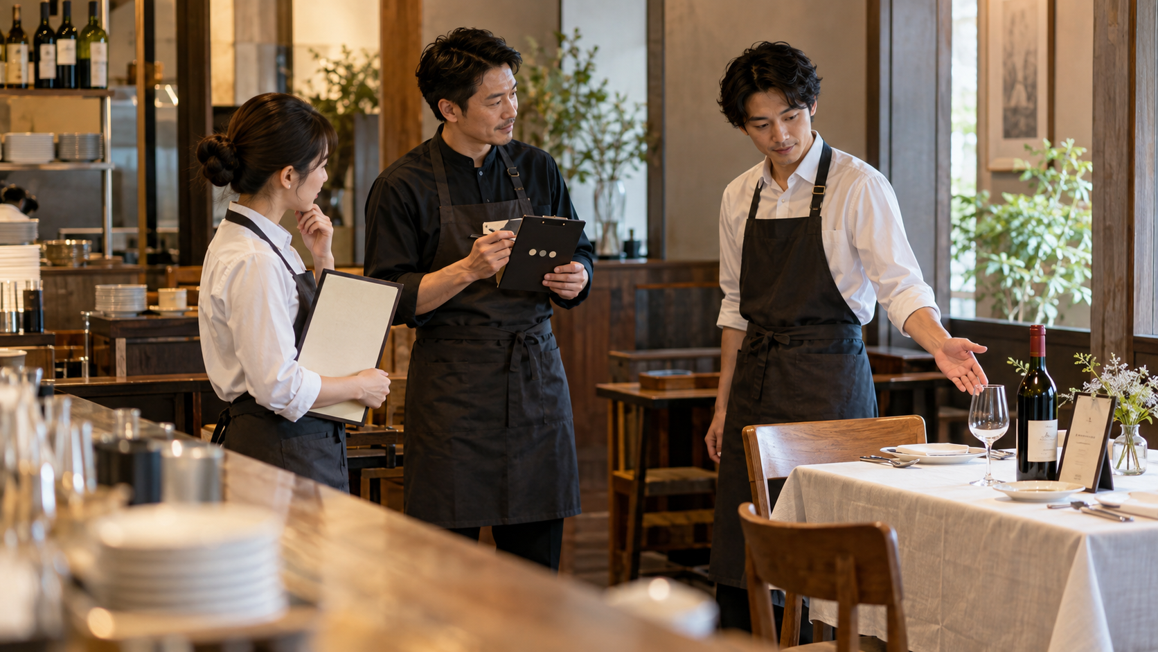 開店前の飲食店で、三人のスタッフがメニュー、確認メモ、ワインを前に、質問から提案と引き継ぎを共有する場面