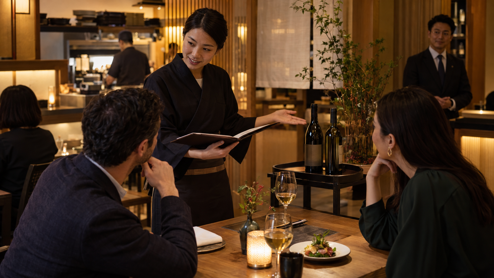 飲食店の二人客へホールスタッフがメニューと二本のワイン候補を示し、離れた位置の店長が必要な時だけ対応できるよう見守る場面