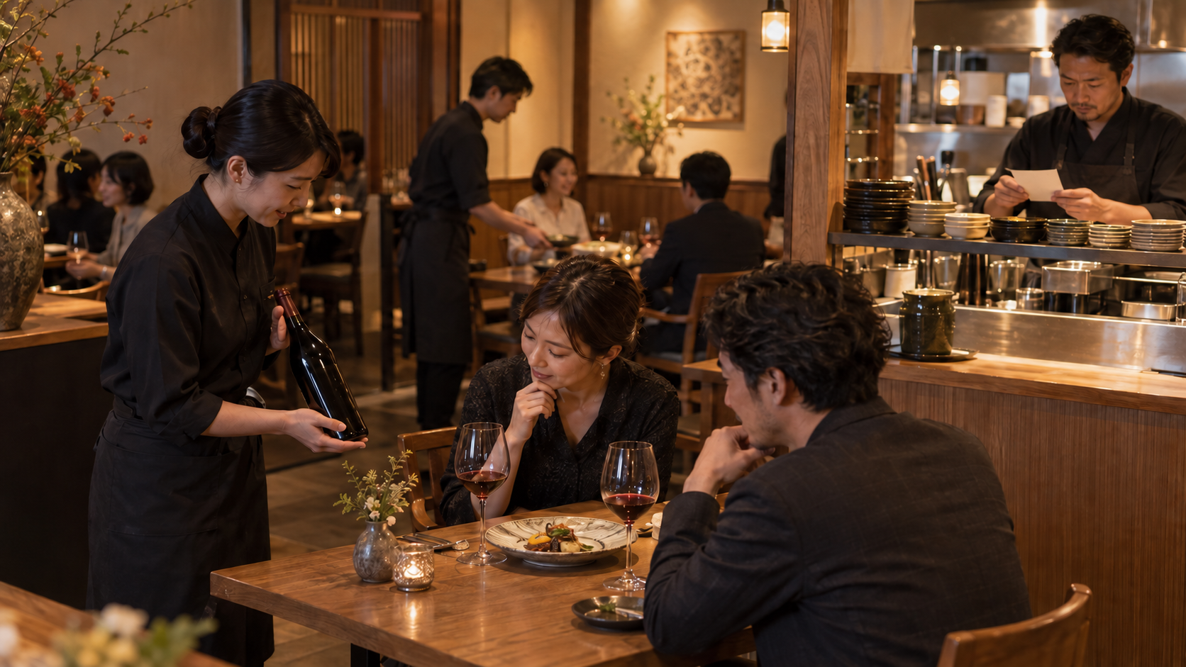 通常営業中の小規模な飲食店で、ホールスタッフがイベント席の二人客へ無地のワインボトルを示し、別のスタッフが通常席を担当し、管理者がカウンターで確認する場面
