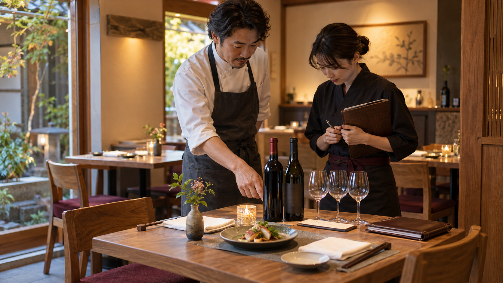 開店前の小規模な飲食店で、店長とホールスタッフが料理、無地のワインボトル、グラス、予約帳を前に小さなワインイベントの準備を確認する場面