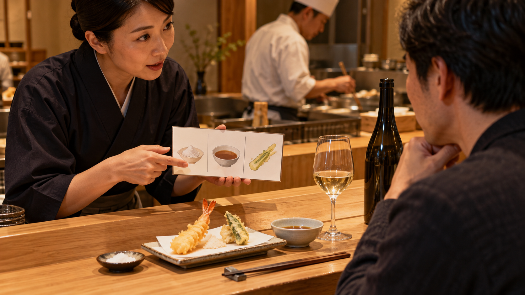 天ぷら店のカウンターで、ホールスタッフが客へ塩、天つゆ、野菜天を指しながらワインの好みを確認する場面