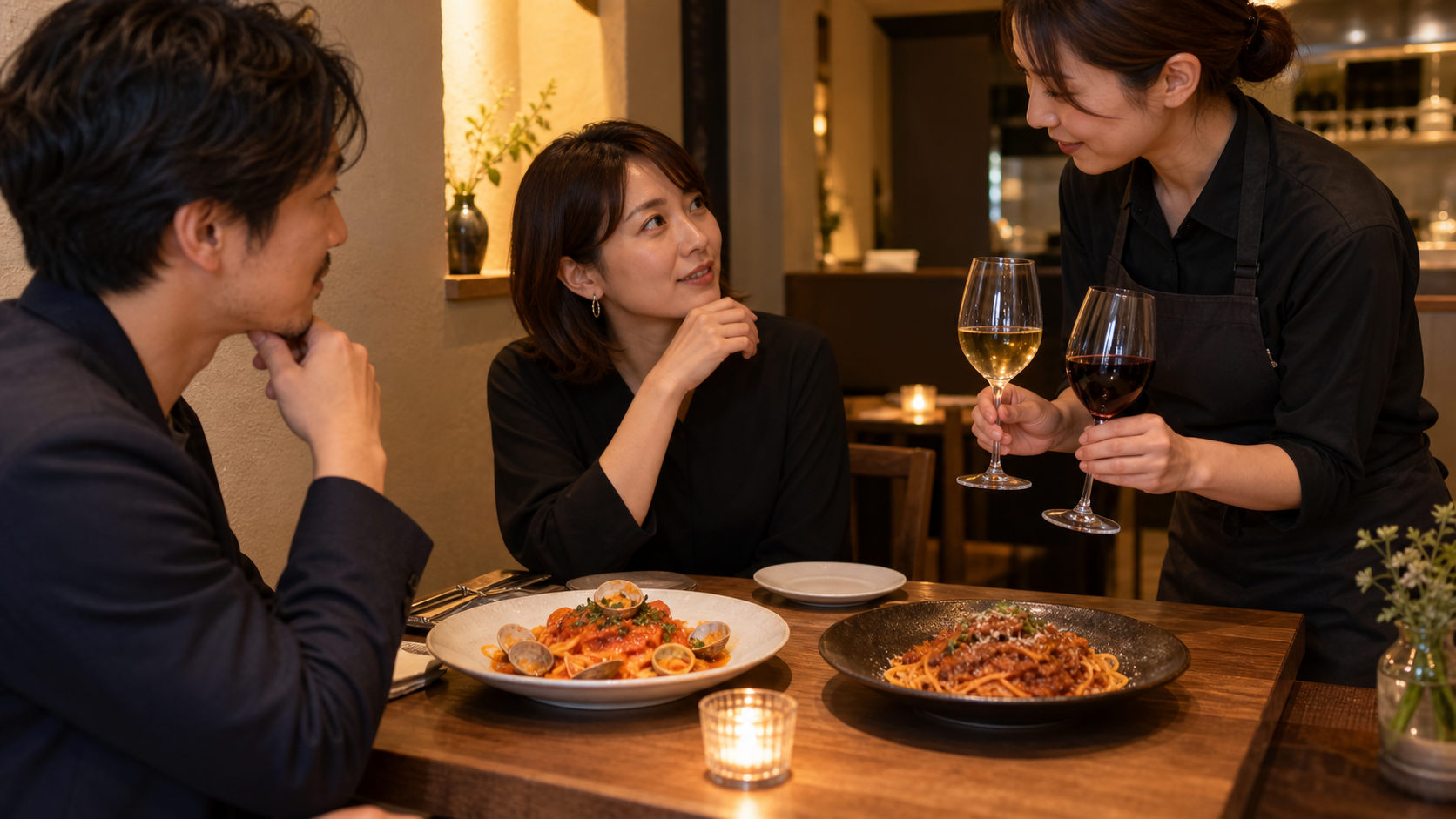 飲食店の客席で、ホールスタッフが魚介と肉のトマトパスタを指し、二人の客にワインの希望を確認する場面