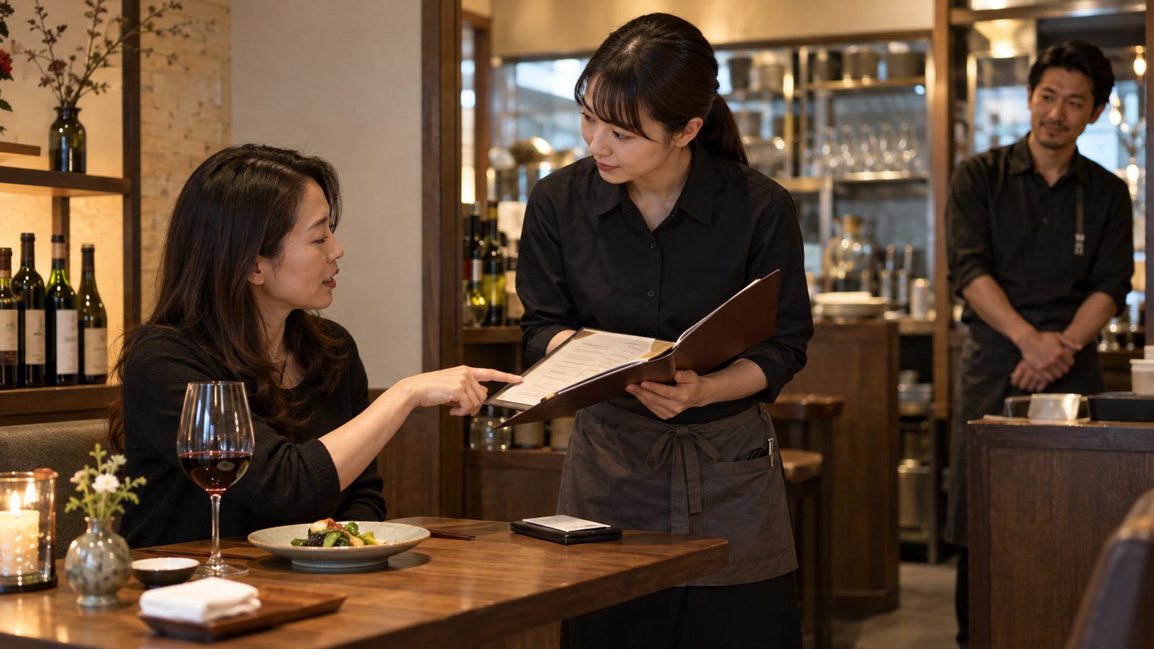 飲食店の客席で、新人スタッフがメニューを開き、お客様のワインの質問を聞く。奥では店長が見守り、必要な時に引き継げる距離にいる場面